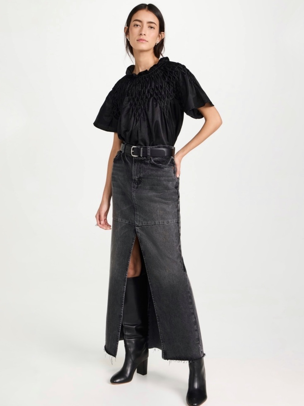 REFORMATION Tazz Liman Vintage Black Cotton Blend Denim Maxi Skirt, Size 24